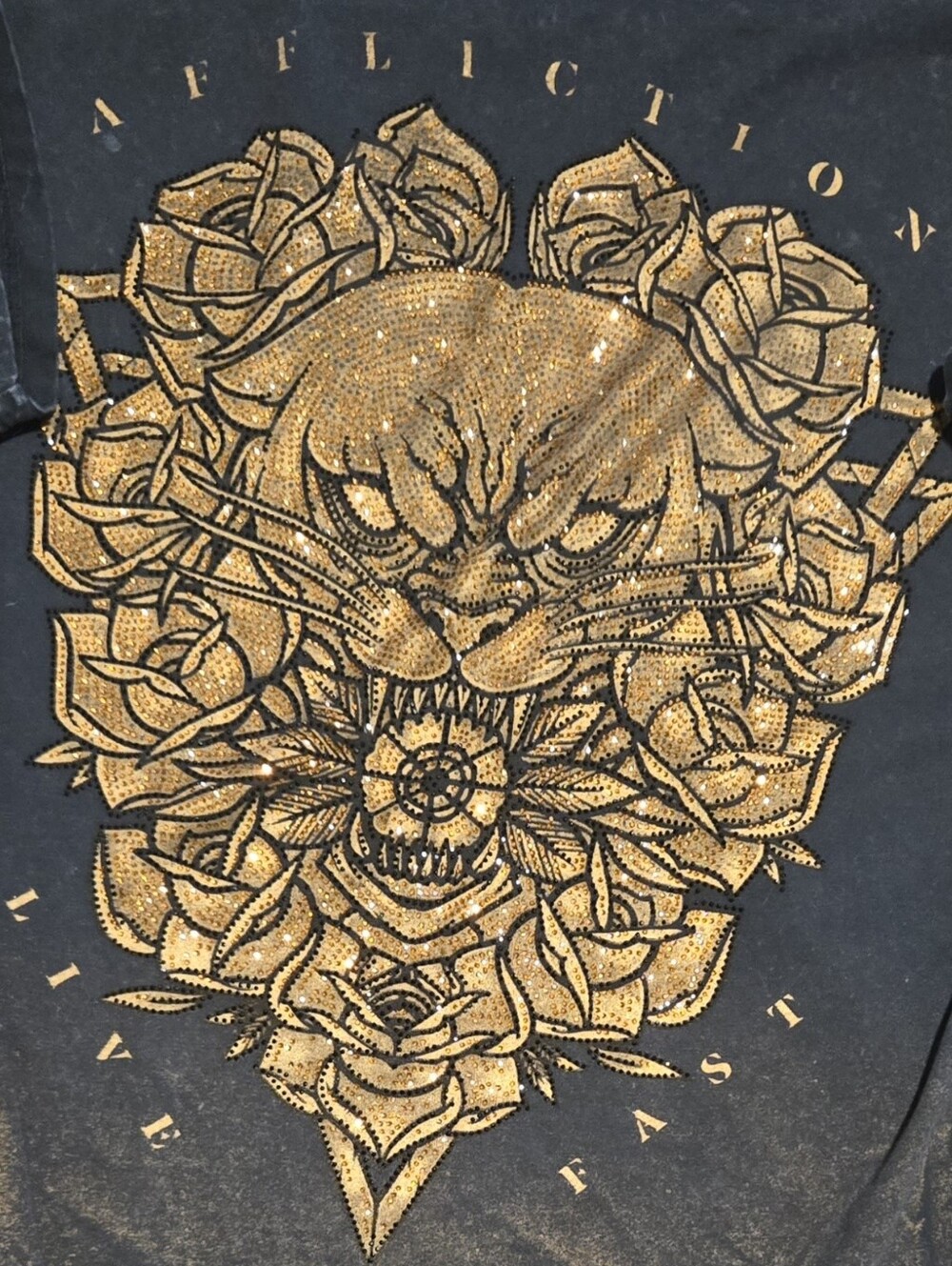 Affliction Black Shirt with Gold Rhinestone Tiger and Rose Design
